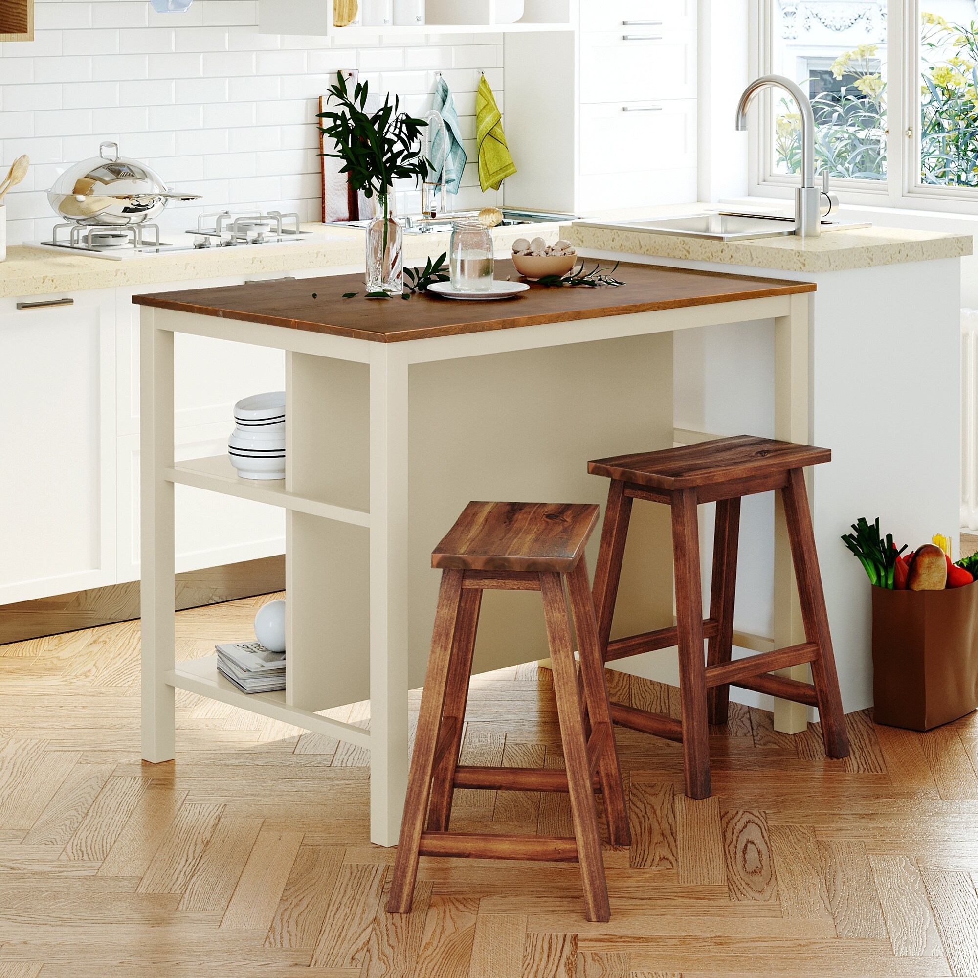 Kitchen island with open shelves and seating deals